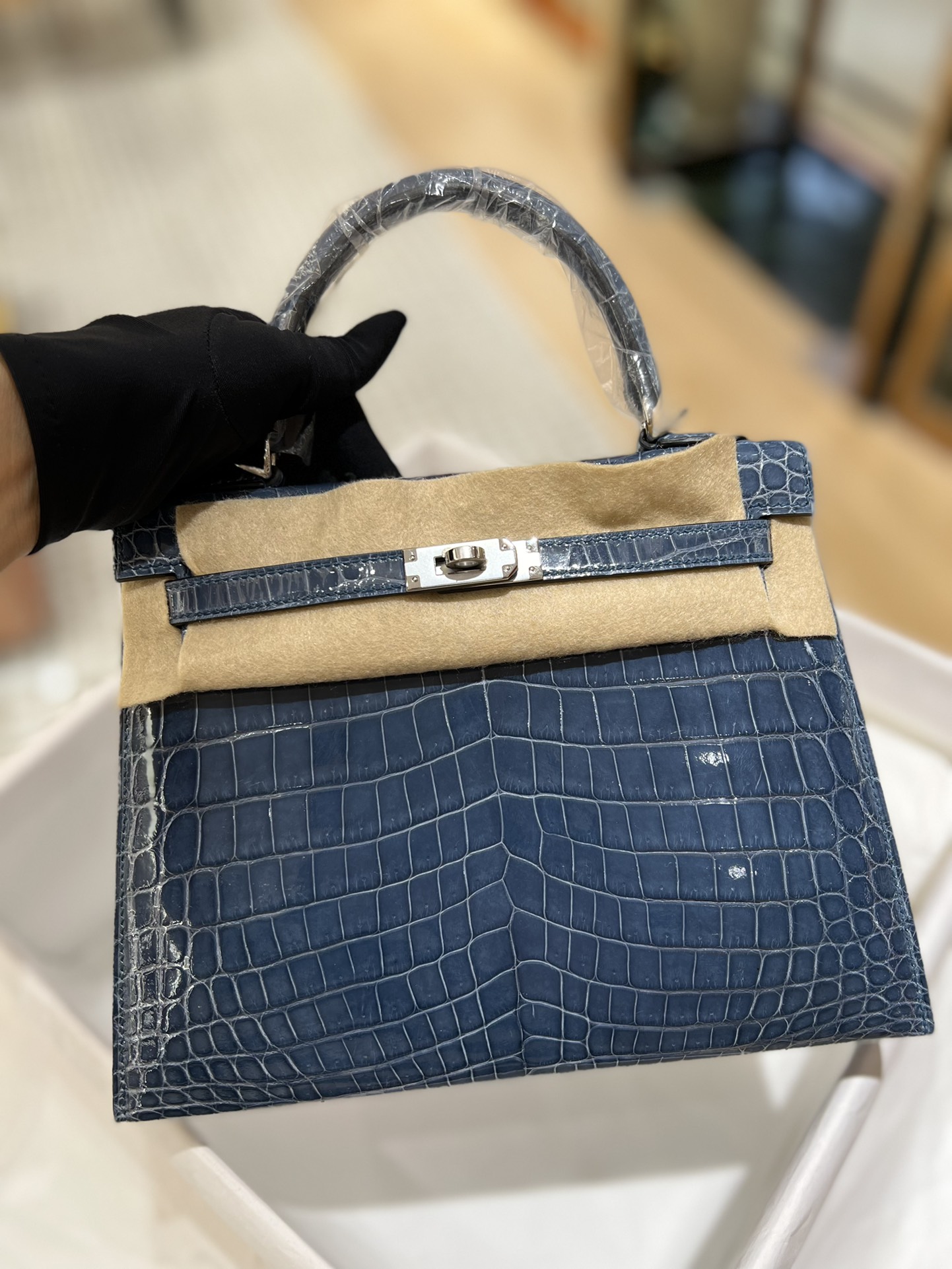 Hermes Kelly 25cm Handbag Shoulder Bag In Blue Saphir Shiny Crocodile Niloticus Leather